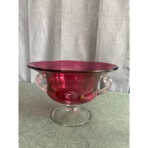 Vintage Tiffin Style Cranberry Glass Centerpiece Bowl Scrolled Handles Clear